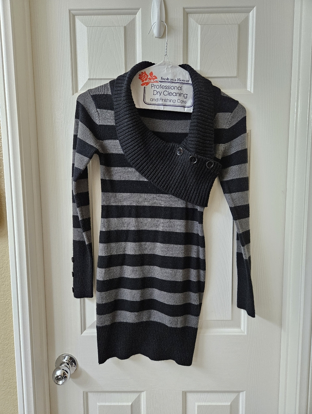 VENUS Striped Black and Gray Women's Shawl-Collar Sweater Dress, SIZE S